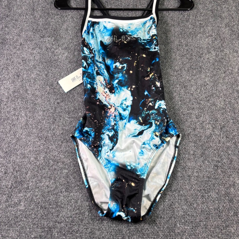 Slix One Piece Swimsuit Women 10‎ Blue Gold Rush Marble Chlorine Resistant NWT